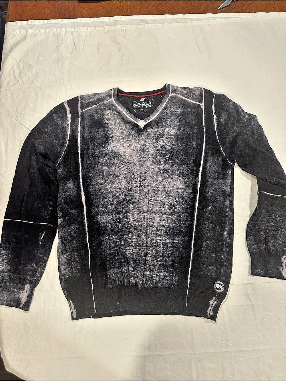 Buffalo David Bitton Bradley Distressed V-Neck Sweater Black & Gray Size Medium